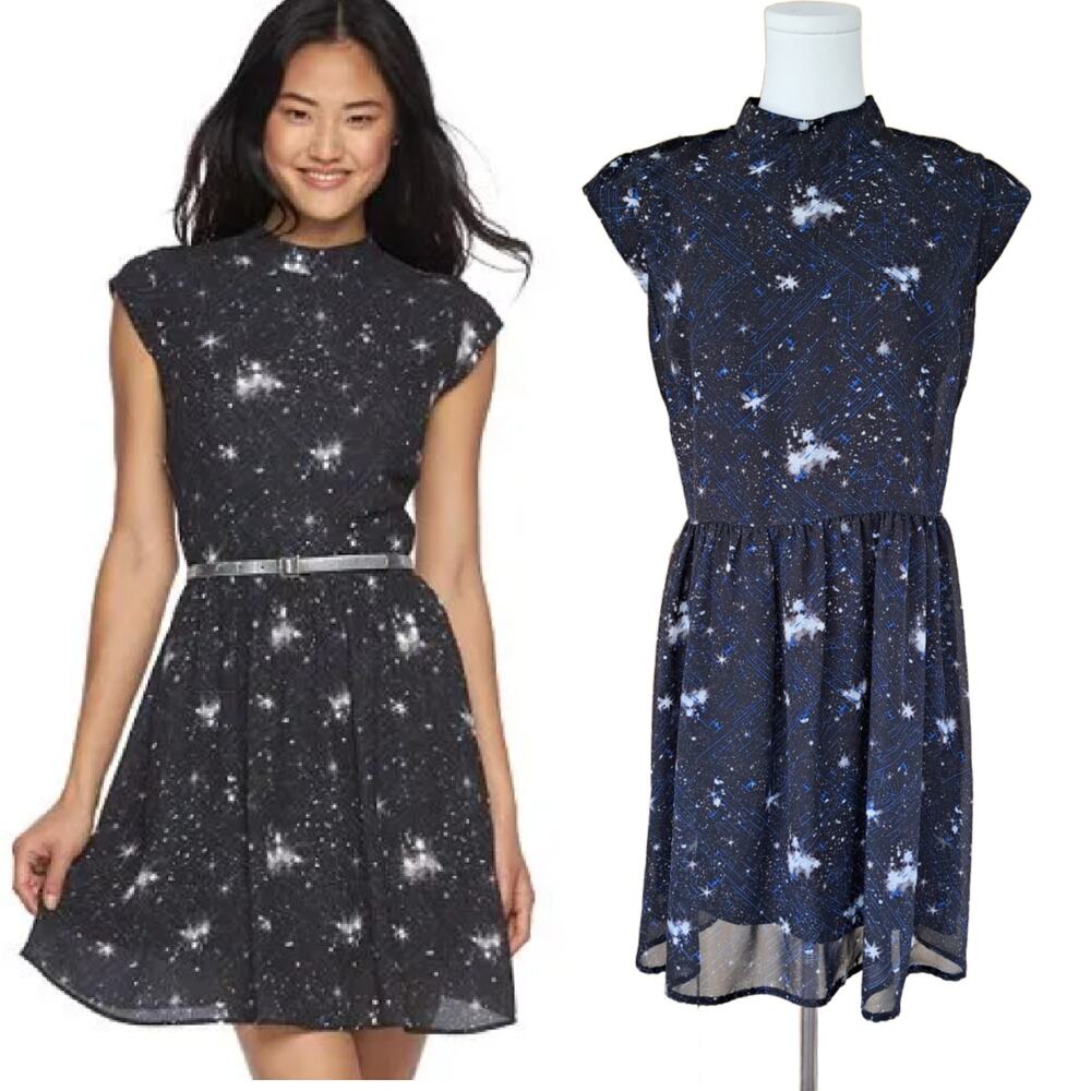 Star Wars Tie Fighter Space Print Dress Large Black Mock Neck Fit & Flare